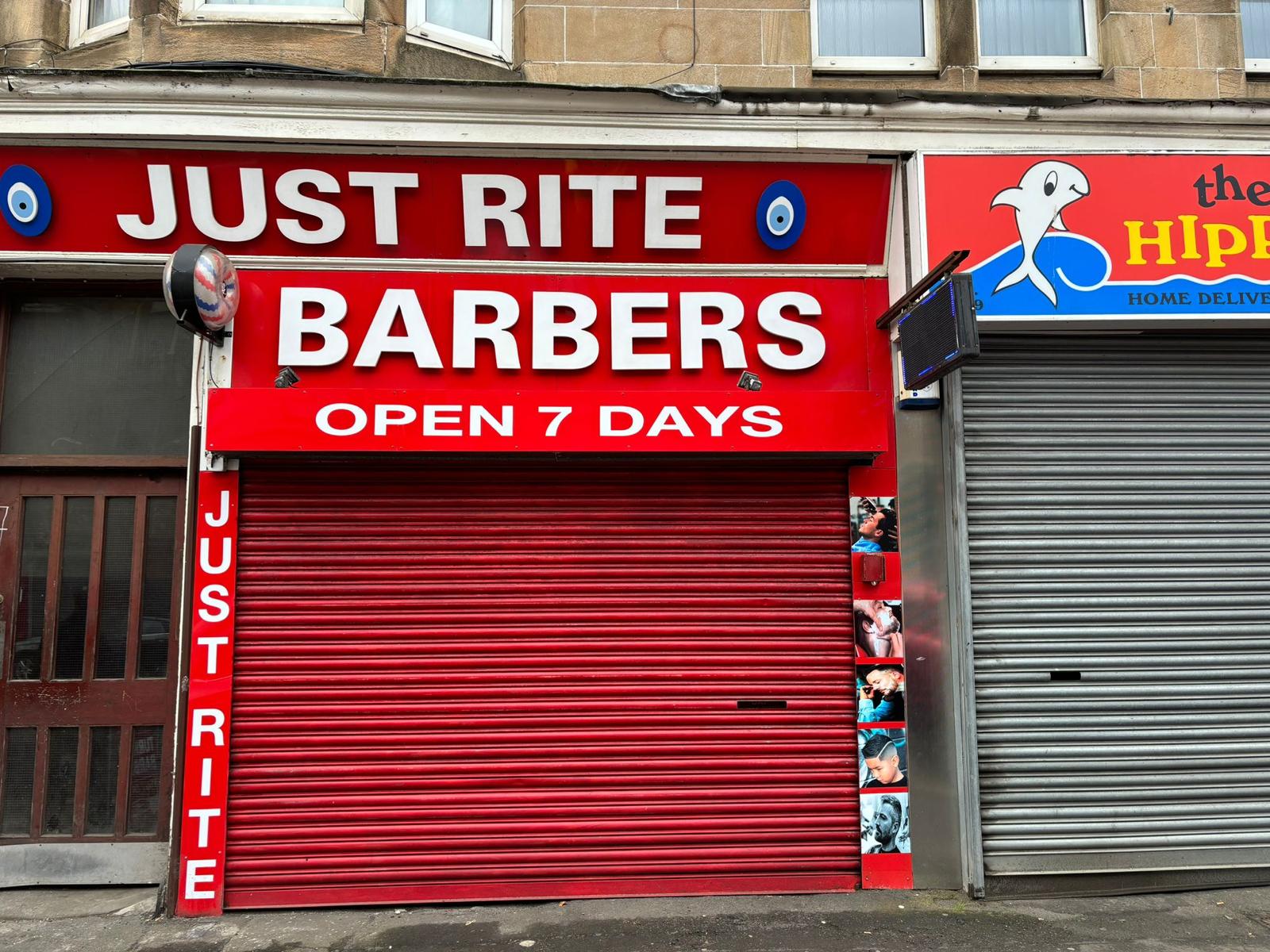 Image of Just Rite Barber shopfront in Paisely, Glasgow. Taken in 2024. This is before the work undertaken by SCM Design Studio